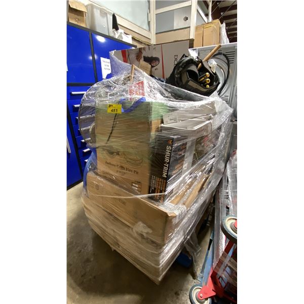 PALLET OF ASSORTED ITEMS- TOOLS, BED SHEETS, FAN, APPLIANCE MOVER, FURNITURE PARTS & MORE