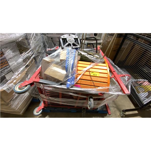 PALLET OF ASSORTED ITEMS- METAL MOBILE CARTS, PRINTER, THERMAL PRINTERS, CHAIRS & MORE