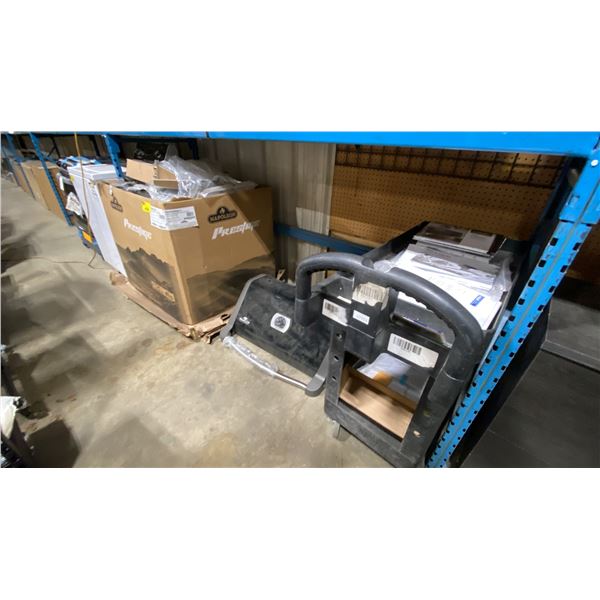 LARGE BOX OF ASSORTED BBQ PARTS & PLASTIC MOBILE CART WITH ASSORTED APPLIANCE MANUALS