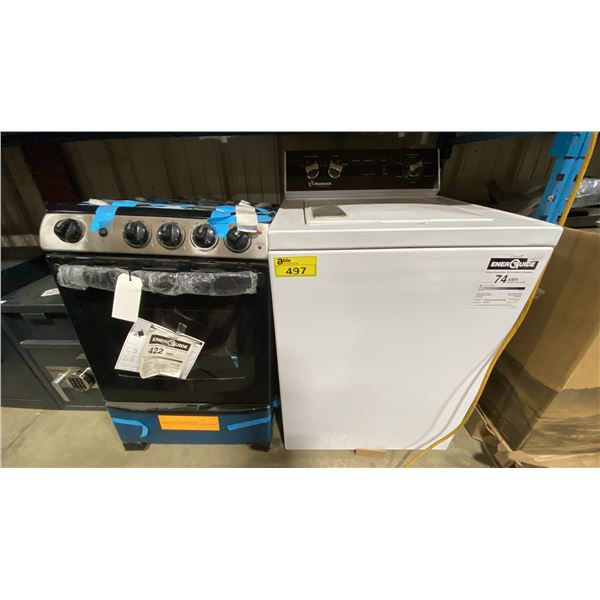 HUEBSCH MODEL TR5104WN. WHITE ELECTRIC DRYER & DANBY MODEL DER244BSSC. ELECTRIC COIL RANGE