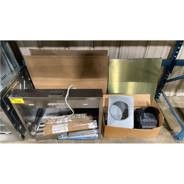 GROUP OF ASSORTED HOOD FAN PARTS & FULGOR MILANO STAINLESS STEEL HOOD FAN *NO FILTERS*