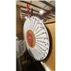 Image 2 : METAL FRAMED WHITE PLASTIC TOP TABLE WITH PRIZE WHEEL, BOX OF CUSHIONS & NAPOLEON DISPLAY RACK
