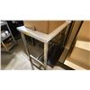 Image 5 : METAL FRAMED WHITE PLASTIC TOP TABLE WITH PRIZE WHEEL, BOX OF CUSHIONS & NAPOLEON DISPLAY RACK