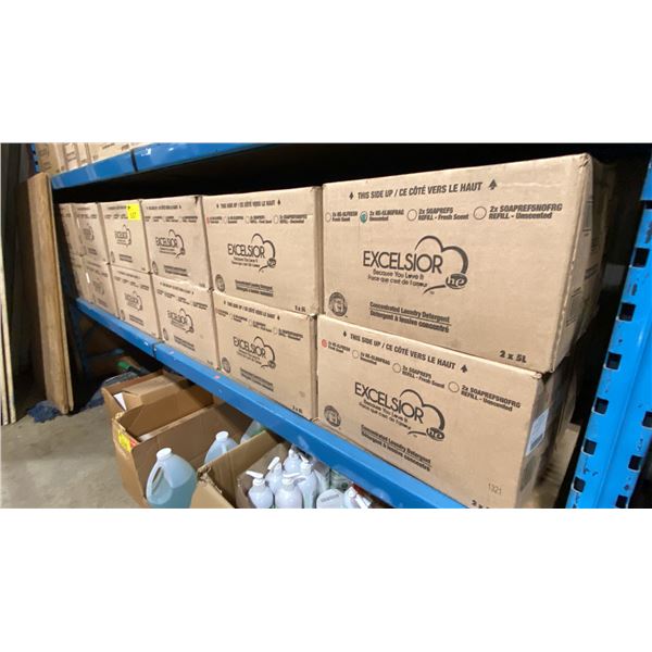 SHELF OF EXCELSIOR 5L LAUNDRY DETERGENT & STAIN REMOVER - 22 CASES, 2 PER CASE. UNSCENTED & FRESH