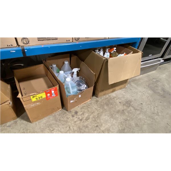 3 BOXES OF ASSORTED CLEANERS & ITEMS- TRAEGER GRILL CLEANER, HAND SANITIZER, LAUNDRY SOAP,