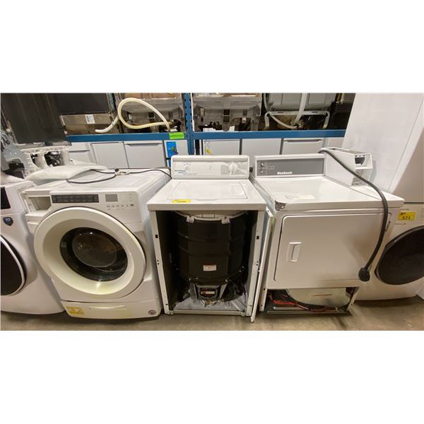 HUEBSCH WHITE COIN OPERATED DRYER, SPEED QUEEN WHITE WASHING MACHINE & WHIRLPOOL WHITE WASHING