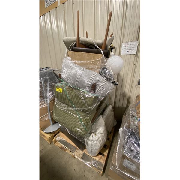 PALLET OF FURNITURE-RUGS, PILLOWS, LAMP, CHAIRS, TABLE & MORE