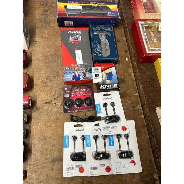 Multi Tool, Knee Support, Clock Radio, Universal Earbuds