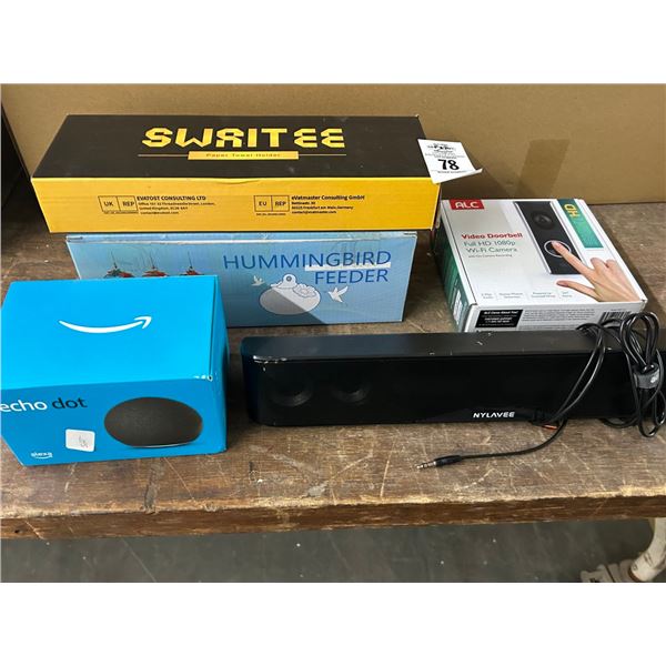 Sound Bar Video Door Bell, Humming Bird Feeder, Echo Dot, Towel Holder