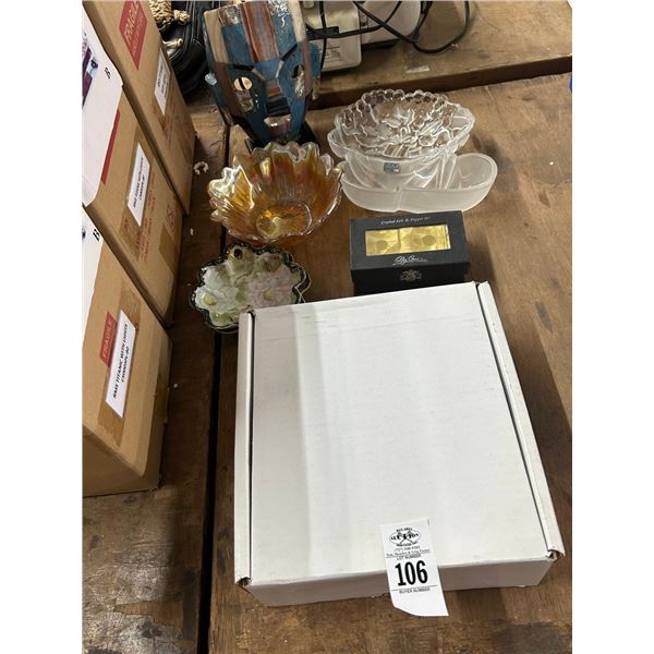 Collector Plate, Crystal Salt & Pepper Shakers, Carnival Glass, Mikasa Dish, Mask