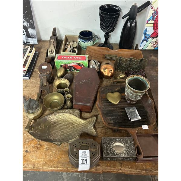 Brass Fish Bowl, Décor, Vtg. Hand Plane, Copper Piggy Bank, Cast Skillet, Vtg. Collectibles