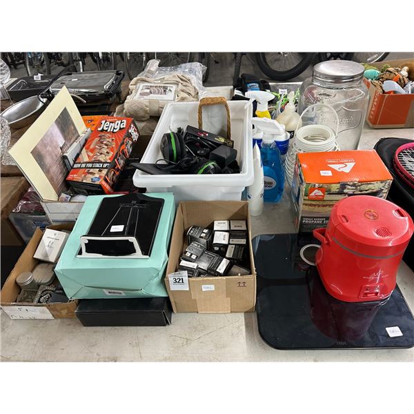 Large Lot of Home Goods, Jenga, Detail Knives, Headphones, Cables, Message