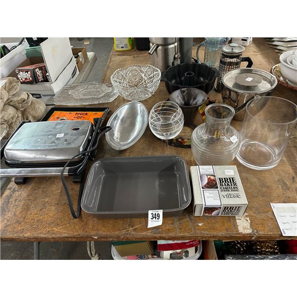 Hamilton Beach Grill Press, Crystal Bowl, Asst. Dishes, Vase, Table Items