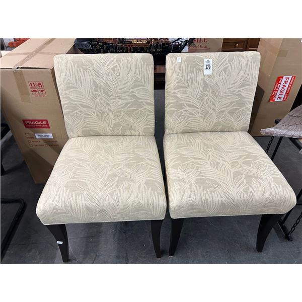 Mocha Leg Beige Palm Motif Padded Easy Chairs - Pair