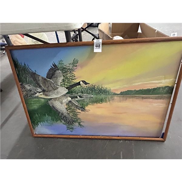 Oil On Board Geese In Flight Over Lake - 20"  X  30"