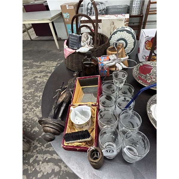 Etched Glasses, Soldier Figural Wall Sconce, Baskets, Tin, Mortar w/Pedestal