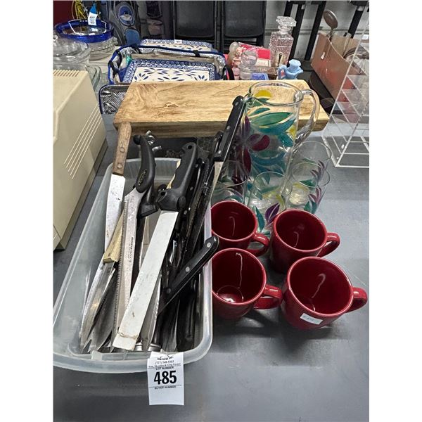 Elephant Base Wood Serving Dish, Pitcher w/Glasses, Knives, Mugs