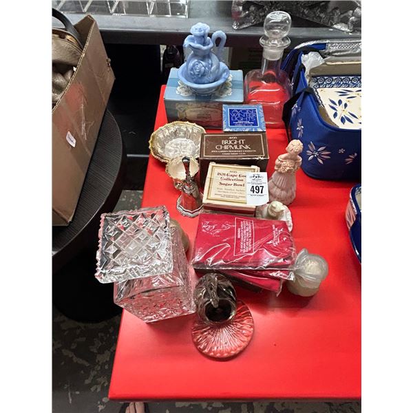 Glass Decanter, Pitcher, Bowl, Candles, Asst. Décor