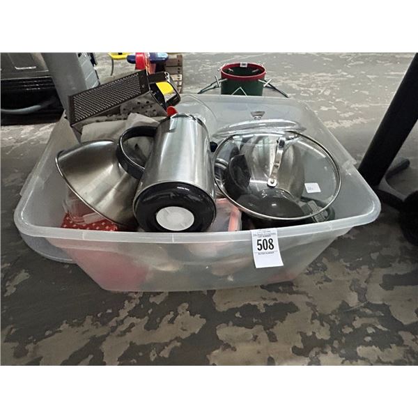 Tub w/Cookware, Kitchen Items