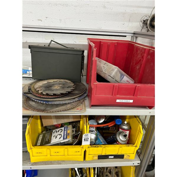 Circle Saw Blades,  3 Bins w/Spring Clamps, Asst. Tools - 2 Shelves