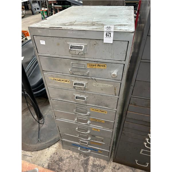 Metal 10 Drawer Storage Cabinet w/Some Contents