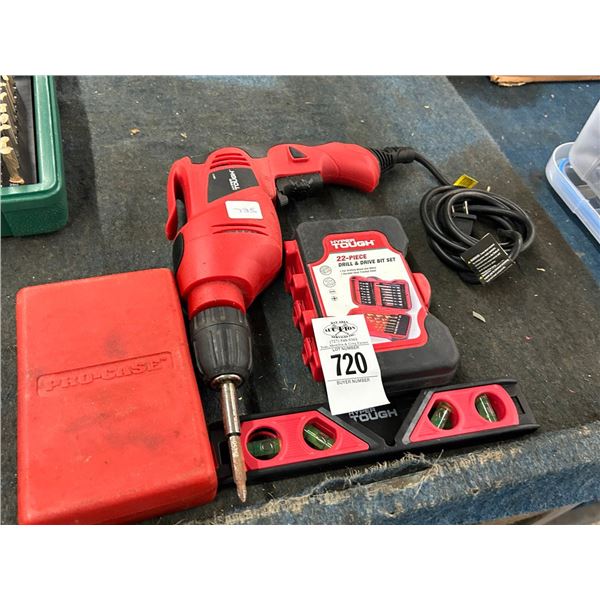 Hyper Tuff Electric Drill, Driver Bit Sets, Level