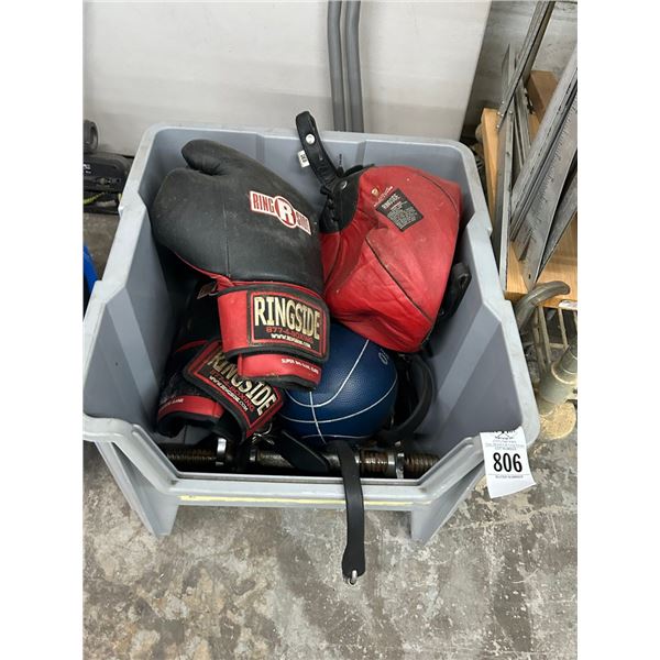 Bin w/Boxing Gloves, Weight Bar, Punching Bag, More