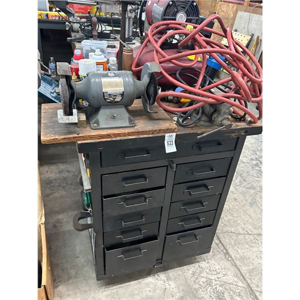 11 Drawer Rolling Tool Chest w/Asst. Supplies, Bench Grinder, Air Compressor,