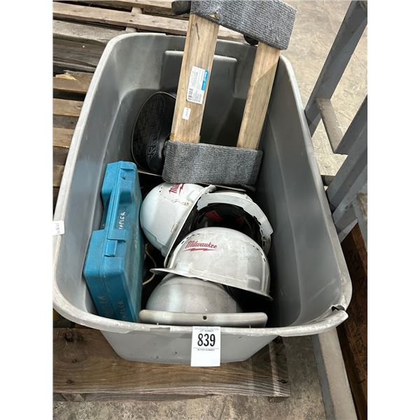 Bin w/Milwaukee Hard Hats, Furniture Dolly, Air Nail Gun