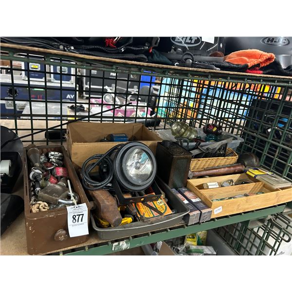 Old Electric Insulators, Asst. Tools/Hardware, Sad Iron on Shelf