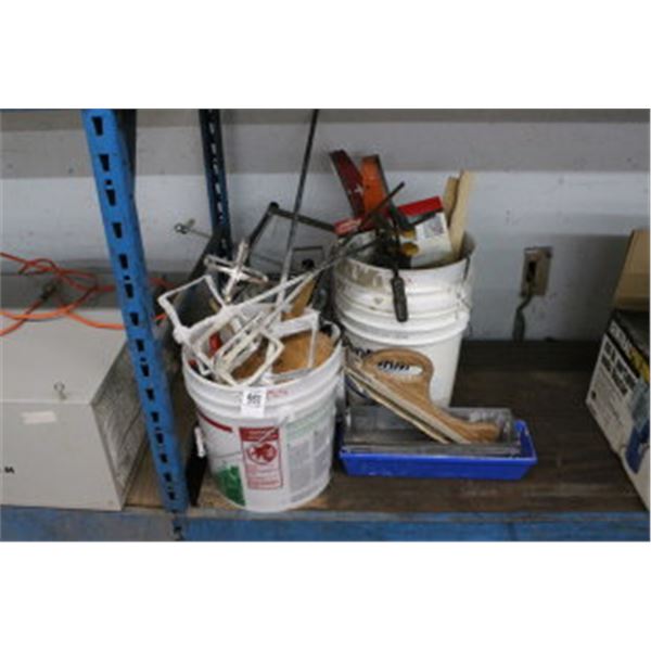 Paint Mixer Paddles, Wood Clamps, Buckets w/Asst. Masonry Tools