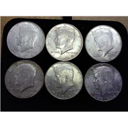 6 Assorted 1964 Kennedy Silver Half Dollars