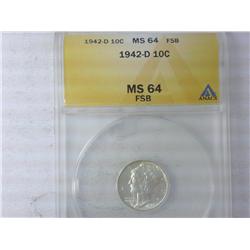 1942-D Mercury Dime ANACS MS64 FSB