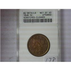 1848 Large Cent ANACS AU Details Net EF40