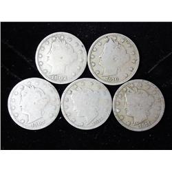 5 Assorted Liberty "V" Nickels