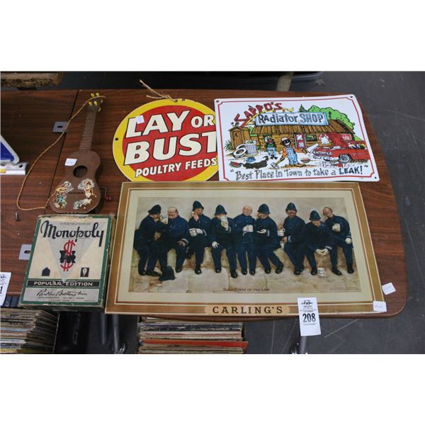 Tin Advertising Signs, Policeman Wall Art, Vintage Monopoly, Child Ukelele