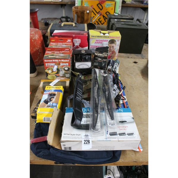 Stone M/W Cookers, Windshield Wipers, Tent Fan, Knee Support, Arm Exerciser,