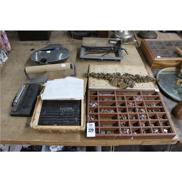 Antique Type Set Trays w/Contents, Cast Towel Dispenser, Rumble Bucket, Carved