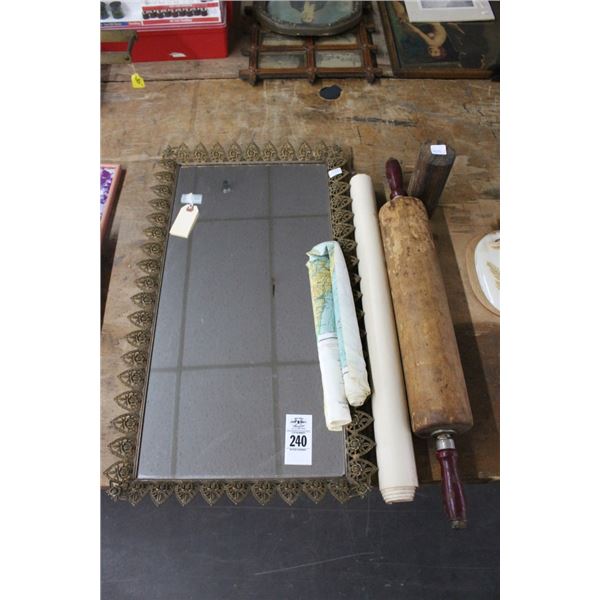 Cast Floral Trim Mirror, Vintage Rolling Pin, Map