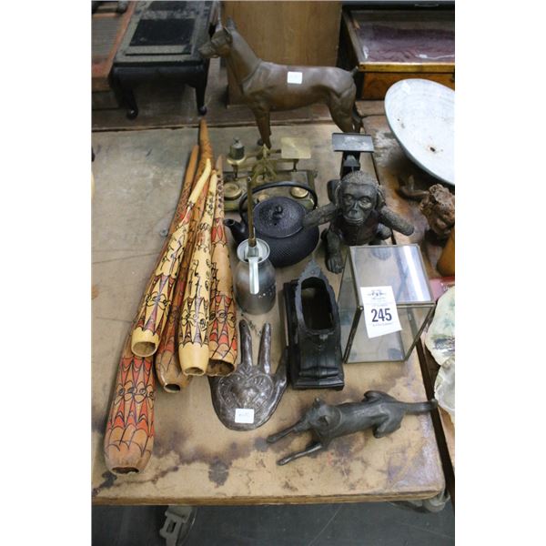 Painted Tribal Instruments, Oiler, Cast Teapot, Scales, Figurines, Décor