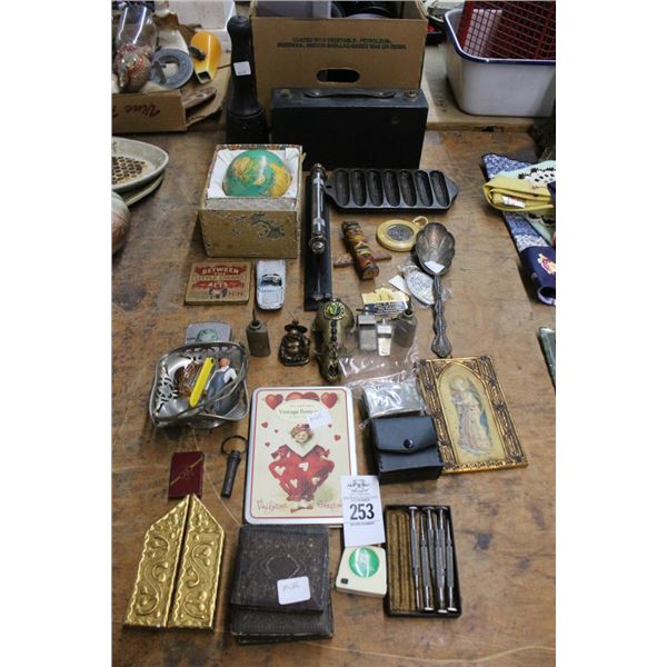 Vintage Bread Tray, Mortar Pedestal, Cigar Box, Figurines, Collectibles