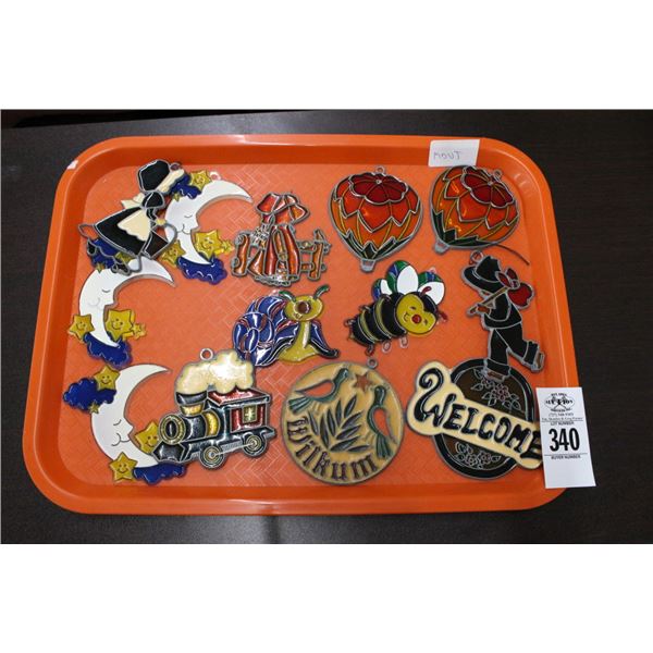 Asst. Leaded Glass Window Hangers Moons, Bumble Bees, Figurines, Hot Air
