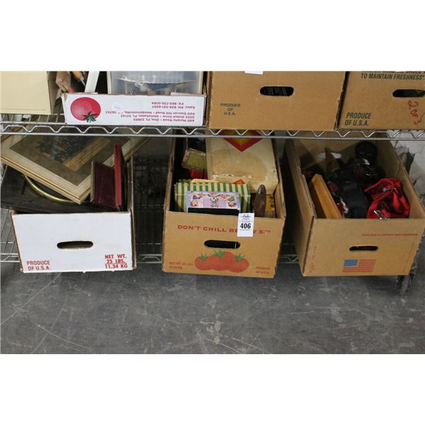 Boxes 3 w/Dolls, Canoe, Cigar Boxes, Photo Frames