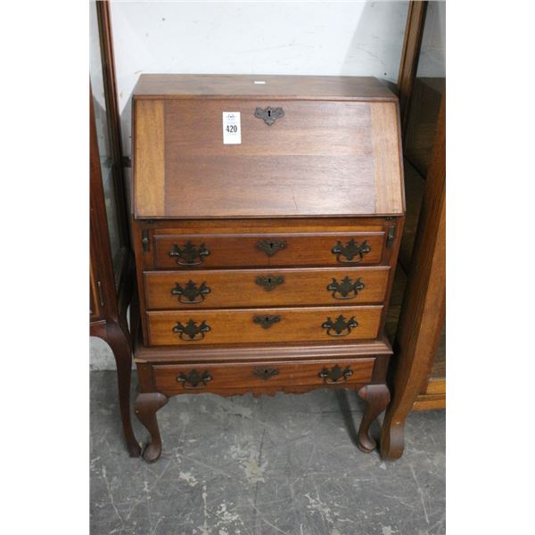 Mahogany Drop Front 4 Drawer Queen Anne Footed Desk
