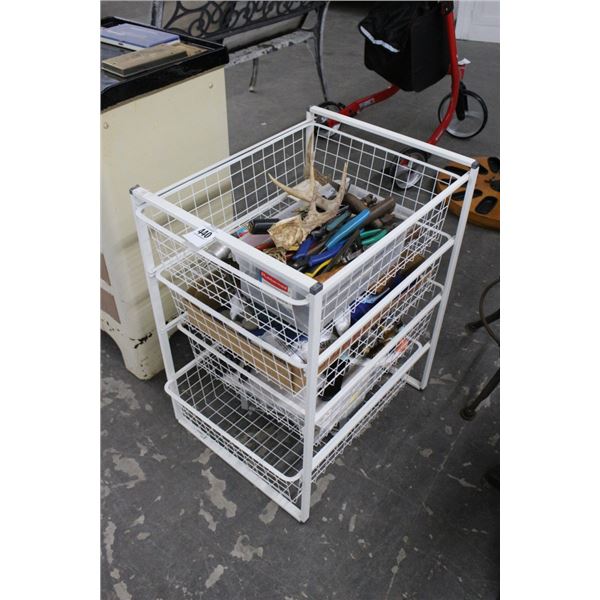 White Wire 4 Basket Storage Rack, Asst. Hand Tools, Antlers