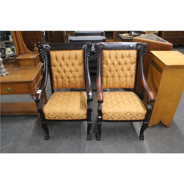 Carved Mahogany Claw Foot Tufted Armchairs - Pair