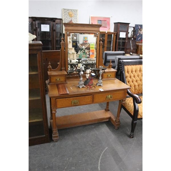 Antique Oak Vanity Desk, Mirror