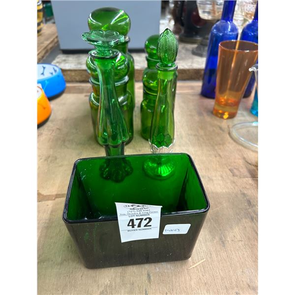 Green Glass Jars, Decanters, Bin