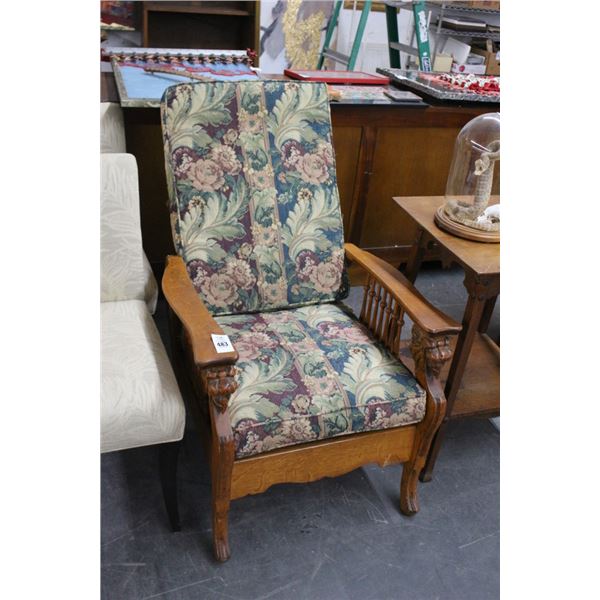 Foo Dog Figural Carved Floral Padded Oak Armchair