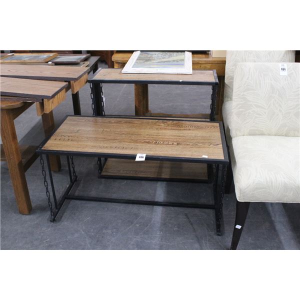 Metal w/Chain Trim Base Faux Oak Top Coffee/Table/Bookcase Set